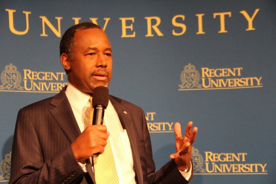Ben Carson speaks at Regent University in Virginia Beach, VA, a day before the Virginia primary. The former Republican Presidential candidate dropped out of the race five days later. 