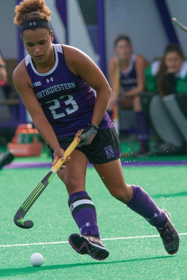 Isabel Flens controls the ball. The senior forward received a yellow card at the end of regulation in Northwesterns game against Maryland, giving the Terrapins a one-player advantage that they capitalized on early in overtime.