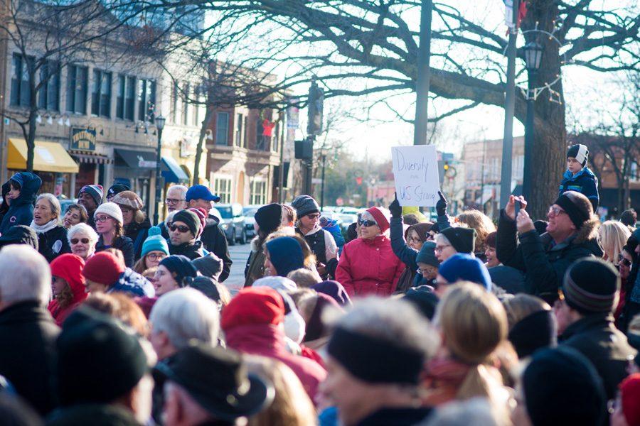 A+crowd+attends+a+post-election+interfaith+rally+at+Fountain+Square+on+Sunday.+Evanston%E2%80%99s+government+and+political+leaders+are+urging+a+recommitment+to+Evanston+ideals+after+Donald+Trump%E2%80%99s+election.+