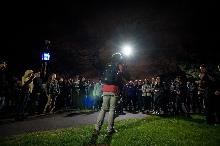 Communication senior Hale McSharry addresses students gathered at the Lakefill. The student-organized event aimed to provide a space where students could express opinions and comfort one another as the election drew to a close.  