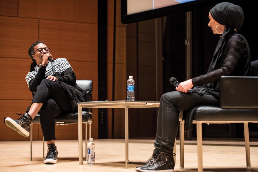 Chicago-born rapper Lupe Fiasco speaks during McSA fall speaker event Thursday night. Fiasco discussed his personal experiences with the Muslim faith.