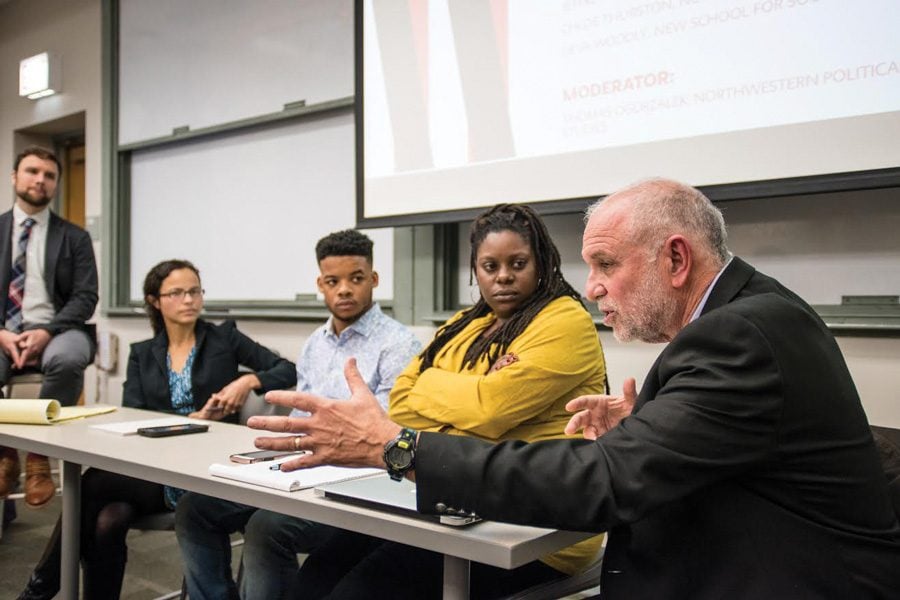 Panelists discuss the impact social movements are having on the upcoming presidential election in University Hall on Thursday. The speakers included Northwestern and New School professors as well as a representative from the Roosevelt Institute, a liberal American think tank.