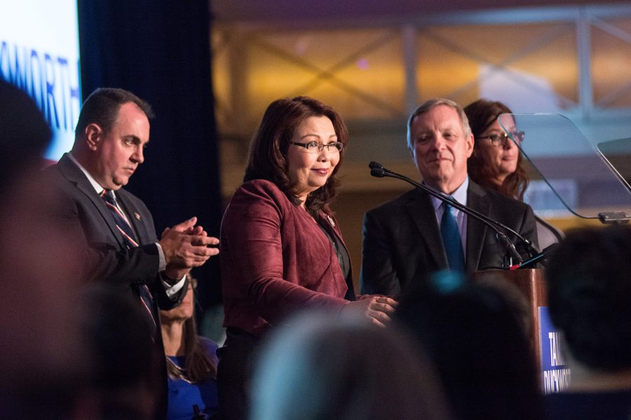 Sen. Dick Durbin (D-Ill) looks on as Rep. Tammy Duckworth (D-Ill) accepts victory in her race for the Senate against Sen. Mark Kirk (R-Ill). Duckworth won by a margin of 14 percent, Politico reported. 

