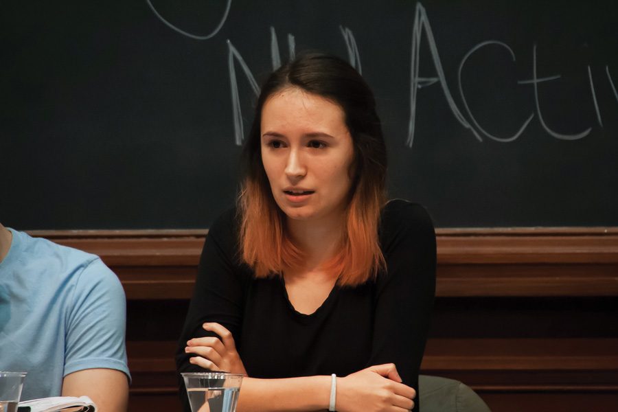 A student speaks at the annual NU Active Minds panel on mental illness stigma. Students shared their personal stories and challenges about dealing with mental illness on campus.