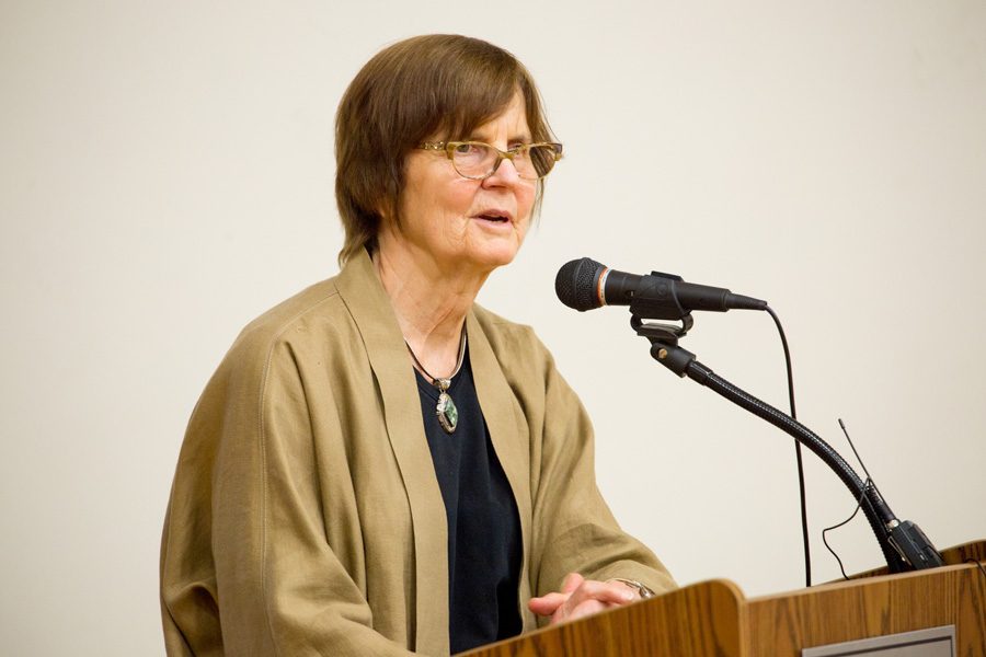 Mayor Elizabeth Tisdahl speaks during a town hall meeting earlier this year. This week, Tisdahl and city manager Wally Bobkiewicz called for City Council members to reaffirm Evanston’s support for immigrant rights. 