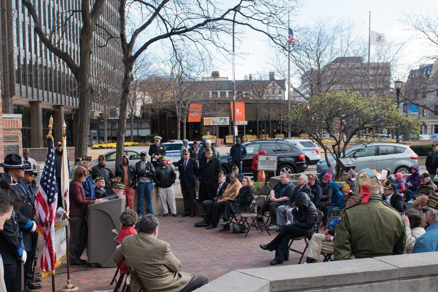 Evanston residents and local veterans groups gather at Fountain Square on Friday for the city’s annual Veterans Day ceremony. Northwestern also held events to honor veterans on campus, and the University is aiming to provide more resources for student veterans.