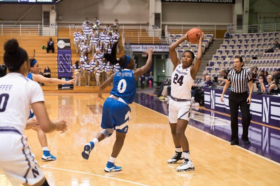 Christen Inman looks for an entry pass. The senior guard led Northwestern with 18 points to help the team roll over Missouri State on Wednesday.