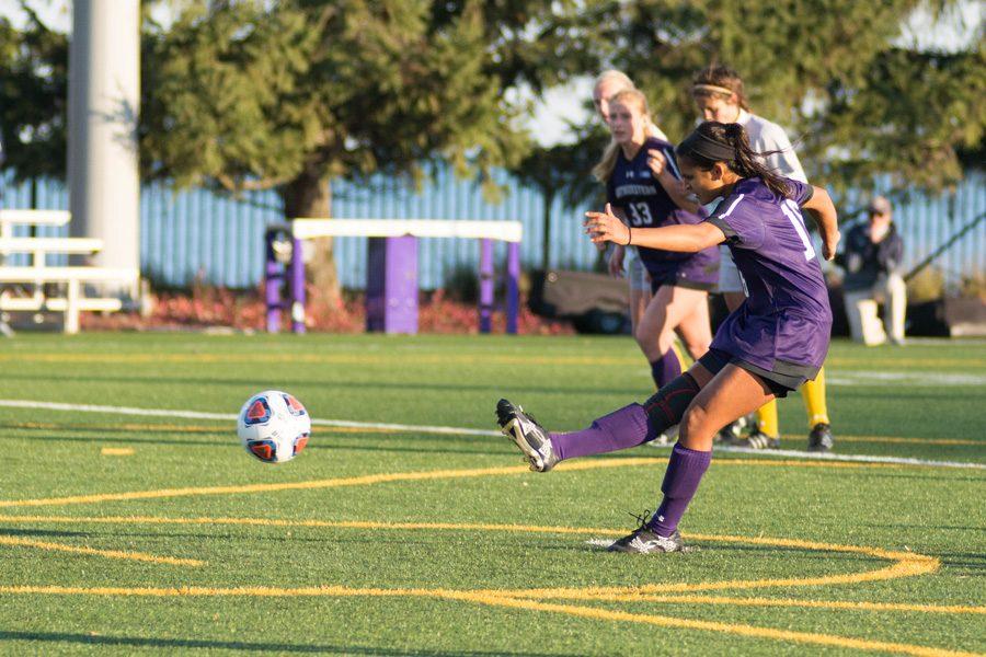 Nandi Mehta takes a penalty kick. The graduate midfielder scored Northwestern’s second goal in a 3-0 victory over Kent State in the first round of the NCAA Tournament.