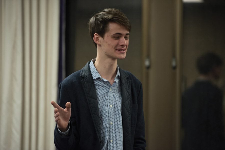 (Allie Goulding/The Daily Northwestern) Weinberg junior Lars Benson introduces a resolution regarding the use and funding of styrofoam in ASG-related events. The Weinberg sophomore, who authored the resolution, presented it at Senate on Wednesday.