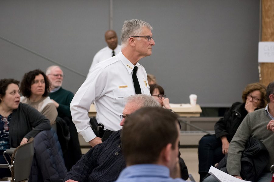 Evanston Police Chief Richard Eddington answers questions at an EPD community open house Monday night.  Eddington said the city is in a “handcuffed position” while it goes through litigation with Lawrence Crosby.