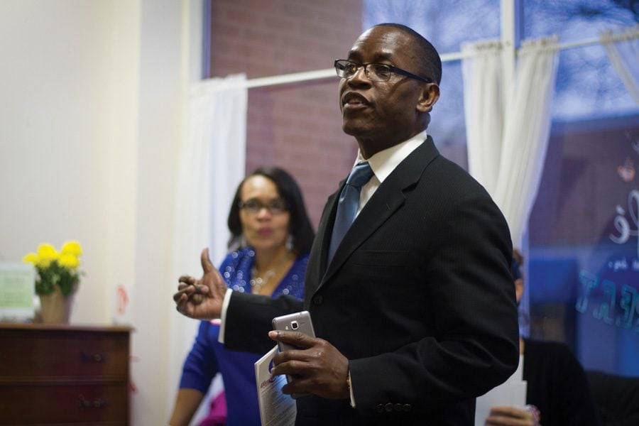 (Christian Surtz /The Daily Northwestern) Mayoral candidate Gary Gaspard formally kicks off his campaign at Curts Cafe, 2922 Central St., on Sunday. Gaspard pledged to pursue a local income tax for high-level incomes at the event. 