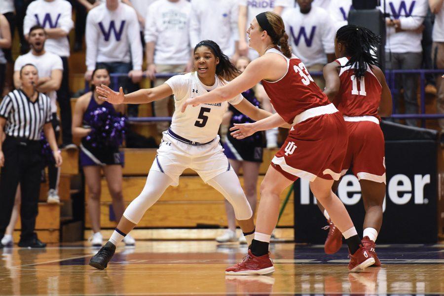 Wearing Jordan Hankins’ No. 5, Amber Jamison plays defense. The sophomore has emerged as a key contributor for Northwestern over the past two games.