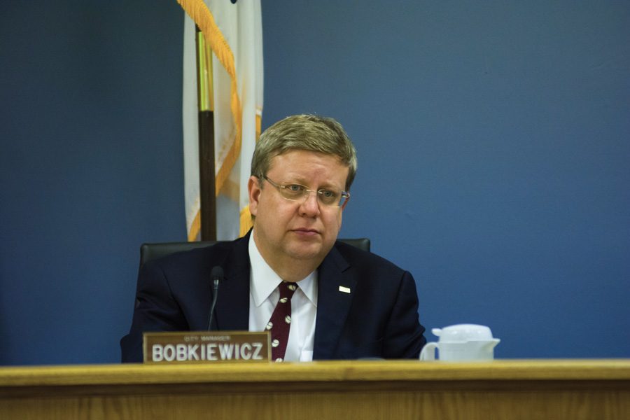 City manager Wally Bobkiewicz attends a city meeting. Bobkiewicz said the city was trying to keep up with current practices in an ordinance passed Monday that changes Evanston Farmers’ Market rules.