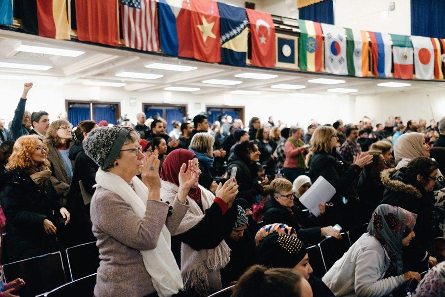 The crowd at Sullivan High School in Rogers Park cheers during a “know your right” event. Sen. Dick Durbin (D-Ill.) said President Donald Trump’s recent executive orders on immigration and refugees were a “miscarriage of justice.”