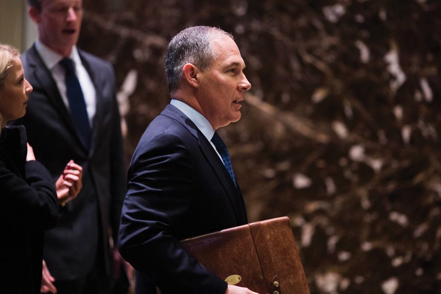 Oklahoma Attorney General Scott Pruitt arrives at Trump Tower in New York on Wednesday, Dec. 7, 2016. A group of 32 brewing companies is sending a letter this week urging senators to vote against the nomination of Scott Pruitt for head of the Environmental Protection Agency.