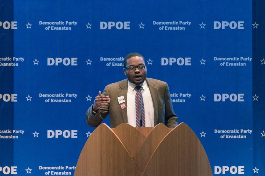 City clerk candidate Devon Reid speaks at the Democratic Party of Evanston’s endorsement meeting on Sunday. DPOE members voted to endorse Reid at the meeting. 