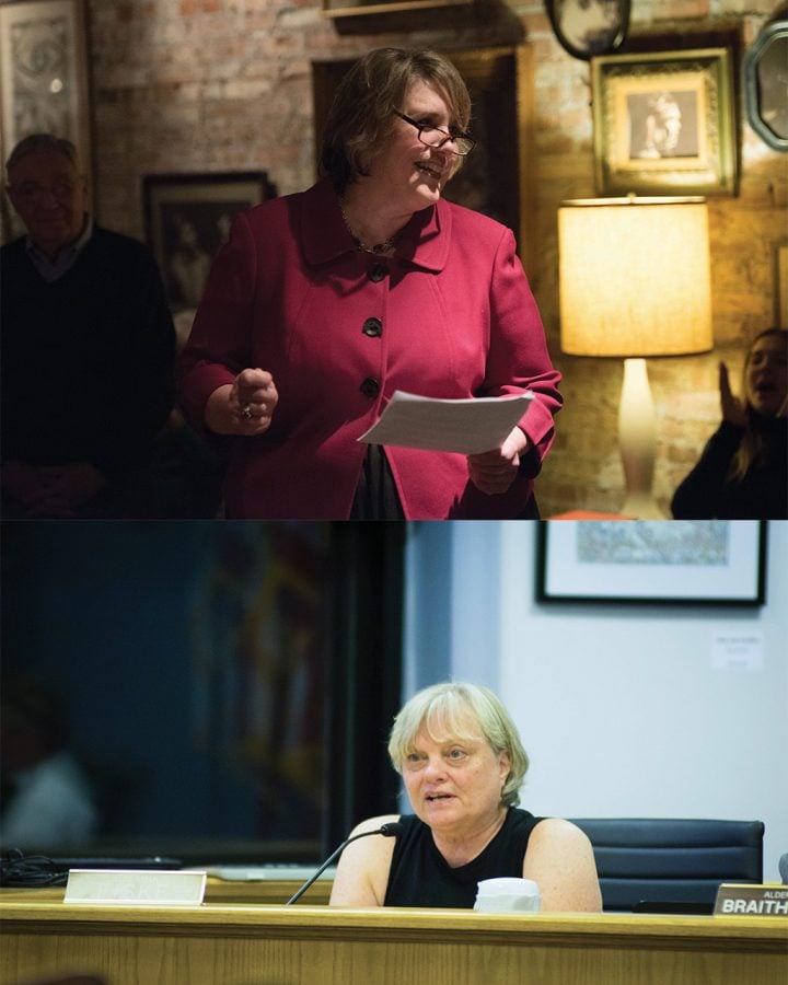 Candidate for 1st Ward Alderman Lee Cabot (top) talks to the crowd during her campaign kickoff in January. Ald. Judy Fiske (1st) (bottom) attends a council meeting. 