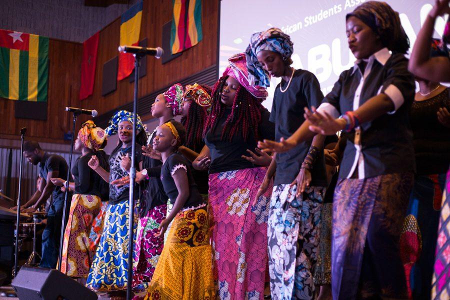 Dancers celebrate African culture on stage at Norris University Center. Jabulani’s Culture Show, presented by the African Student’s Association, showcased traditional African fashion and dance.