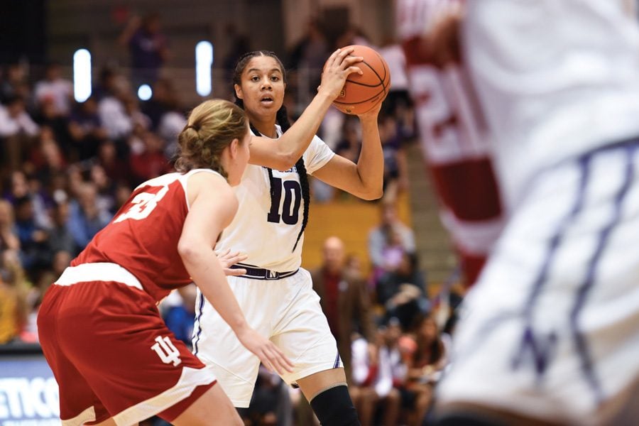 Nia Coffey looks to pass. The senior will look to lead Northwestern over Indiana for the second time this year