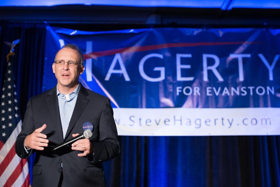 Steve Hagerty speaks at his campaign kickoff in October. Hagerty leads the field of mayoral candidates in Tuesday’s primary, with 36 out of 50 of the precincts reporting. 