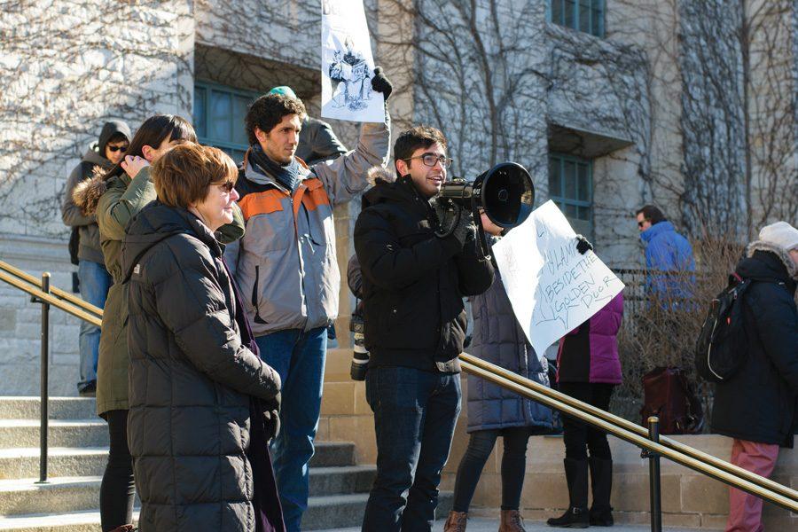 Students, faculty, staff and Evanston residents gather at Technological Institute to protest President Donald Trump’s executive order barring citizens of certain Muslim-majority countries from entering the U.S. Evanston Mayor Elizabeth Tisdahl addressed protesters and urged them to continue to resist Trump’s executive order.
