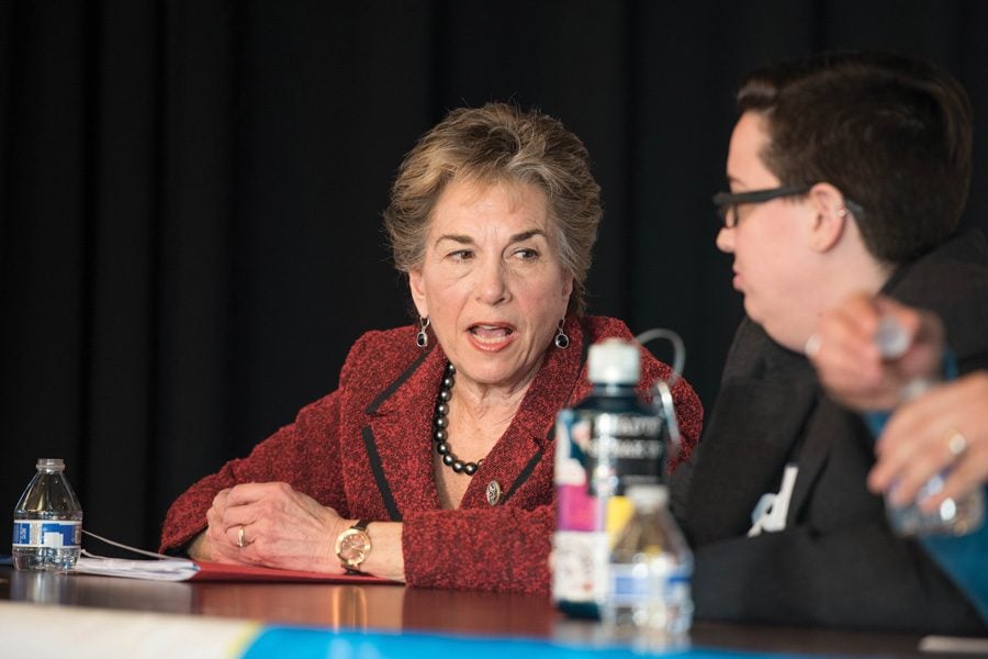 U.S. Rep. Jan Schakowsky (D-Ill.) speaks Sunday at an Open Communities event. Schakowsky was one of 11 Illinois Democrats who sent a letter to Gov. Bruce Rauner Monday urging him to fight against a potential repeal of the Affordable Care Act.