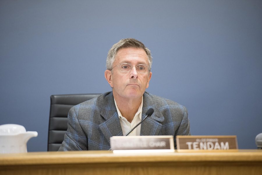 Ald. Mark Tendam (6th) at a city meeting Monday night. After eight years on City Council, Tendam is one of five candidates vying to be Evanston’s next mayor.