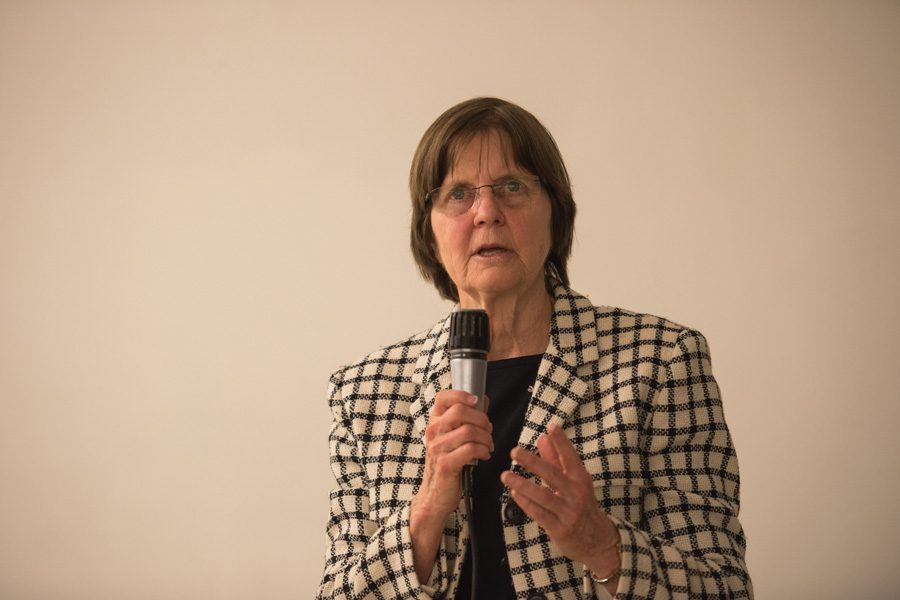 Mayor Elizabeth Tisdahl speaks at a town hall Tuesday evening. Tisdahl said Evanston was “on our own” when it comes to state and federal support at a town hall Tuesday evening. 