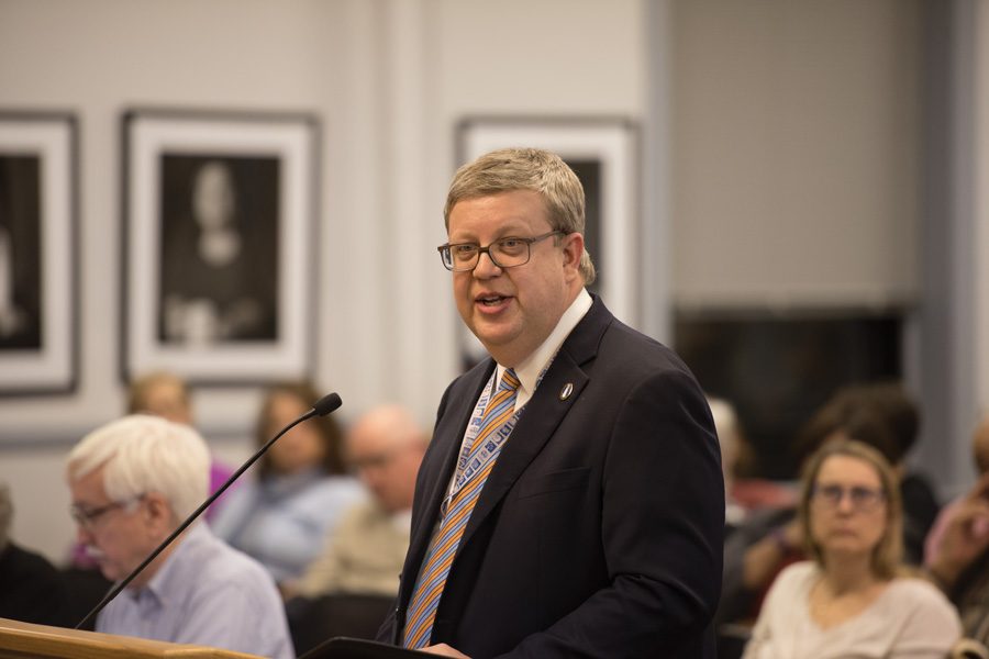 City manager Wally Bobkiewicz speaks at a city meeting. Bobkiewicz said a proposal to introduce a no-interest loan program for pipe replacement was still in the works. 
