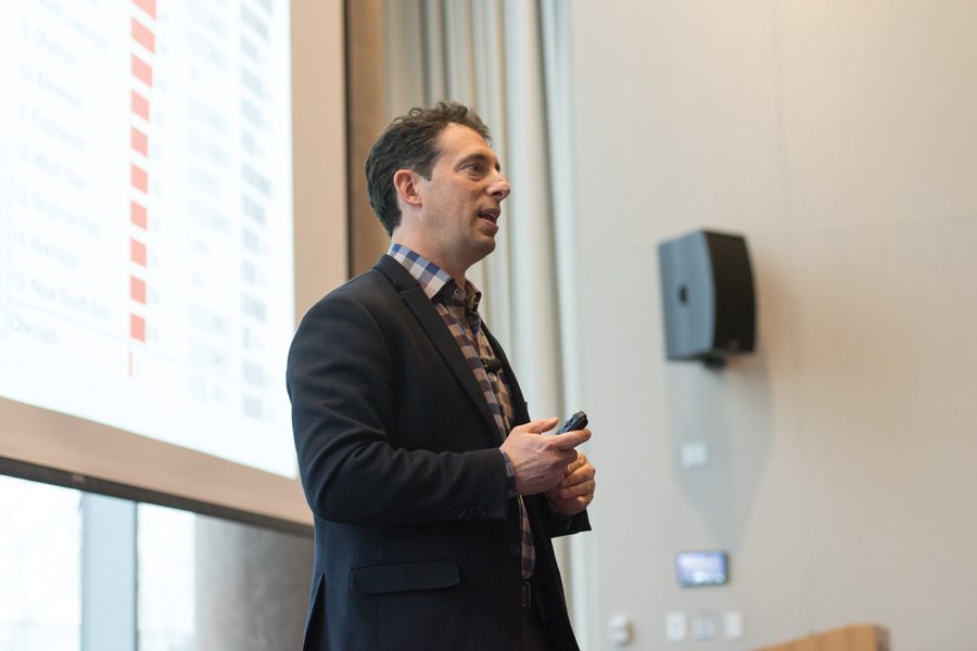 Author Eric Klinenberg speaks during a One Book One Northwestern event. Klinenberg discussed the importance of preventative measures amid threatening climate change.
