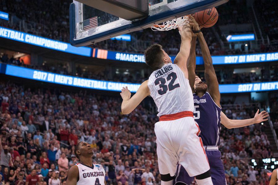 Dererk Pardon is blocked at the rim, in what the NCAA later admitted was a goaltend. Coach Chris Collins received a technical foul after the missed call, resulting in a critical 4-point swing.
