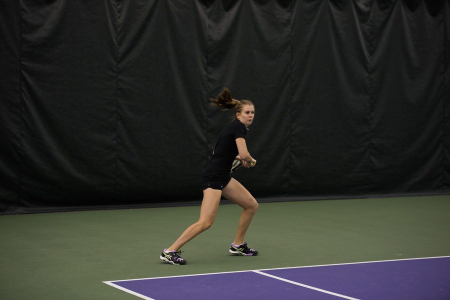 Erin Larner readies for a backhand. The junior led the Wildcats to a weekend sweep to open Big Ten play.