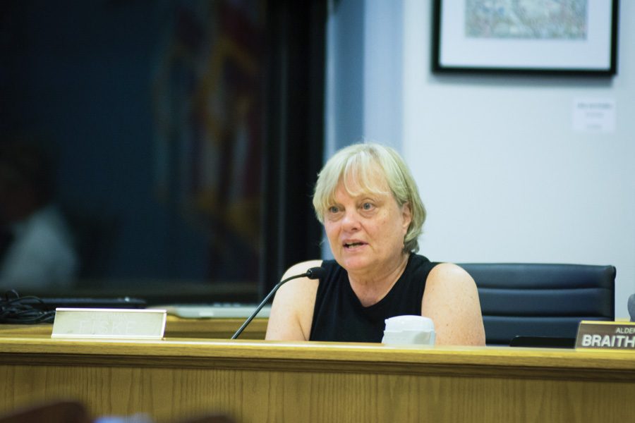 Ald. Judy Fiske (1st) attends a council meeting. Fiske has previously opposed construction of 831 Emerson, saying that she would rather preserve smaller communities.