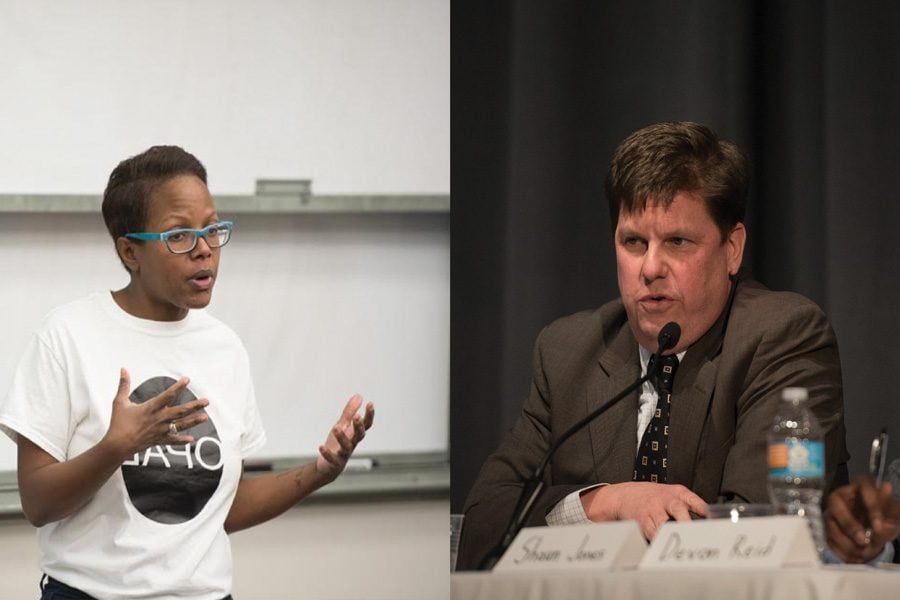 9th Ward aldermanic candidate Cicely Fleming speaks in University Hall (left). The other candidate, Shawn Jones, speaks at an aldermanic forum earlier this year (right).