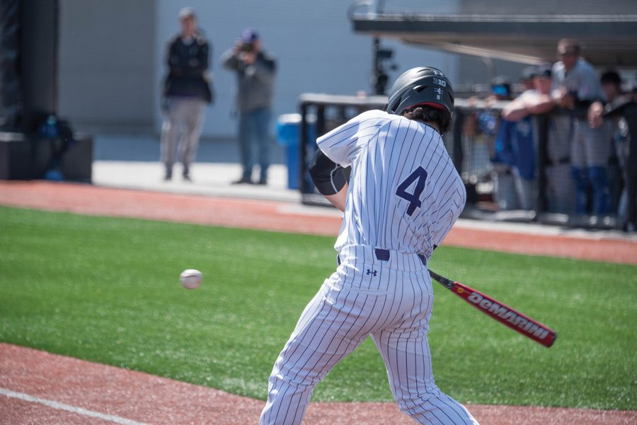 Alex Erro takes a swing. The freshman infielder had the go-ahead hit for the Wildcats in Sunday’s series-winning victory against Iowa. 