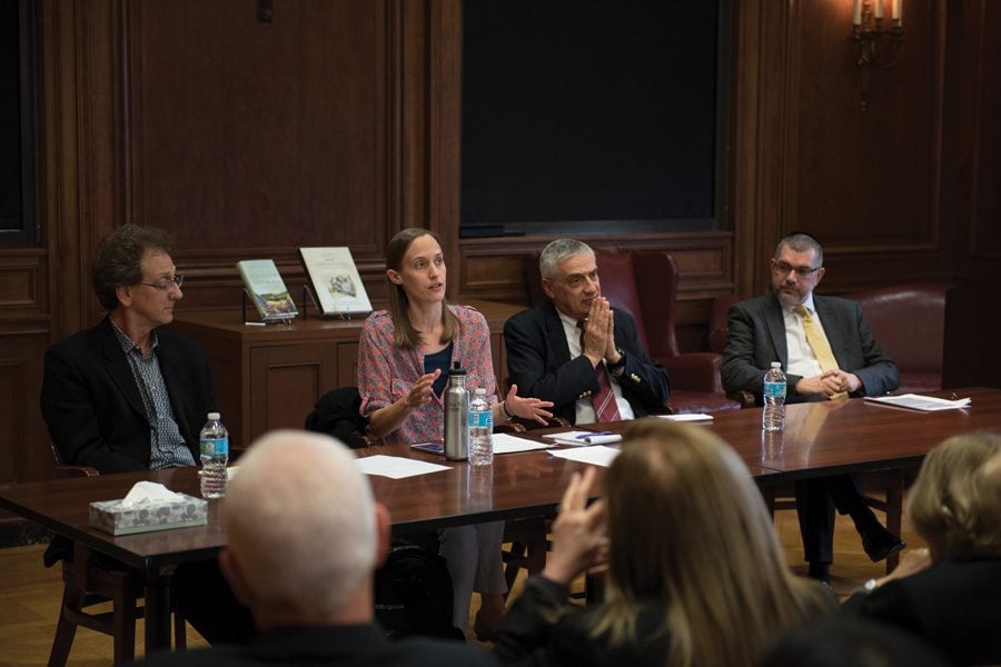 Left to right: Ken Alder, Caitlin Fitz, Joel Mokyr, Yohanan Petrovsky-Shtern. The history department held the talk to celebrate the release of three of their professors’ books in the past year. 