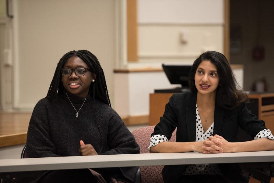 ASG candidates for president and executive vice president Nehaarika Mulukutla and Rosalie Gambrah speak during a Daily-moderated forum Wednesday in Fisk Hall. The pair hopes to increase awareness of ASG’s purpose on campus.