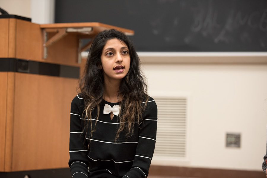 Weinberg junior and candidate for Associated Student Government president Nehaarika Mulukutla answers a question during the first ASG presidential election forum Tuesday. Along with her running mate, Weinberg junior Rosalie Gambrah, Mulukutla said their campaign focuses on the mental wellness of students on campus. 