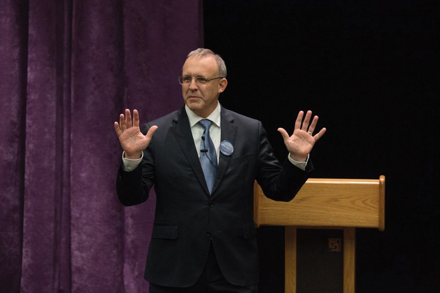 Businessman Steve Hagerty speaks at a mayoral forum in February. Hagerty won the mayoral race Tuesday evening. 
