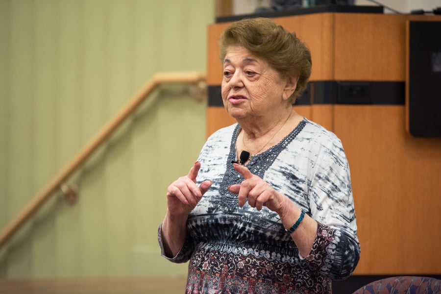 Holocaust survivor Magda Brown shares her experiences at Auschwitz-Birkenau as part of a series of events held to commemorate Holocaust Remembrance Day. She said her message to her audience is protect your freedom, think seriously before hating and remind people that the Holocaust is a true historical event.