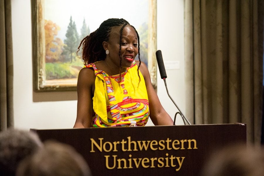 Ghanaian tech entrepreneur Regina Honu speaks at Scott Hall on Tuesday. Honu spoke about introducing more girls to STEM and using technology to “better” Ghana.
