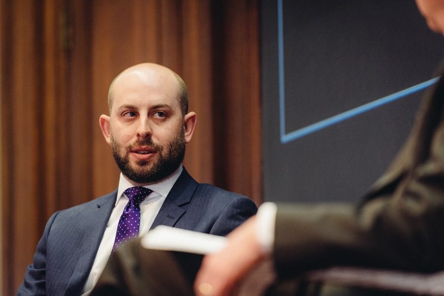 Stephen Krupin (Medill ’04) speaks at Harris Hall on Tuesday. The former speechwriter for Barack Obama shared his experiences working in the White House and gave advice to students who are looking to pursue a career in a similar field. 