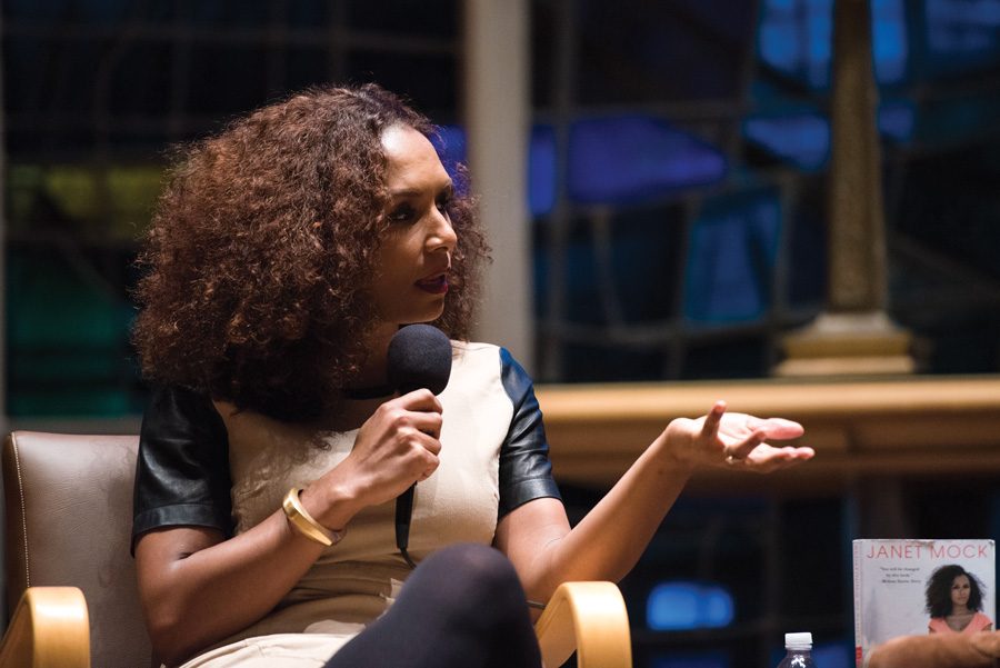 Transgender activist Janet Mock speaks to an audience in Alice Millar Chapel on Friday. Mock discussed intersectional identities and encouraged people to be allies to the transgender community. 
