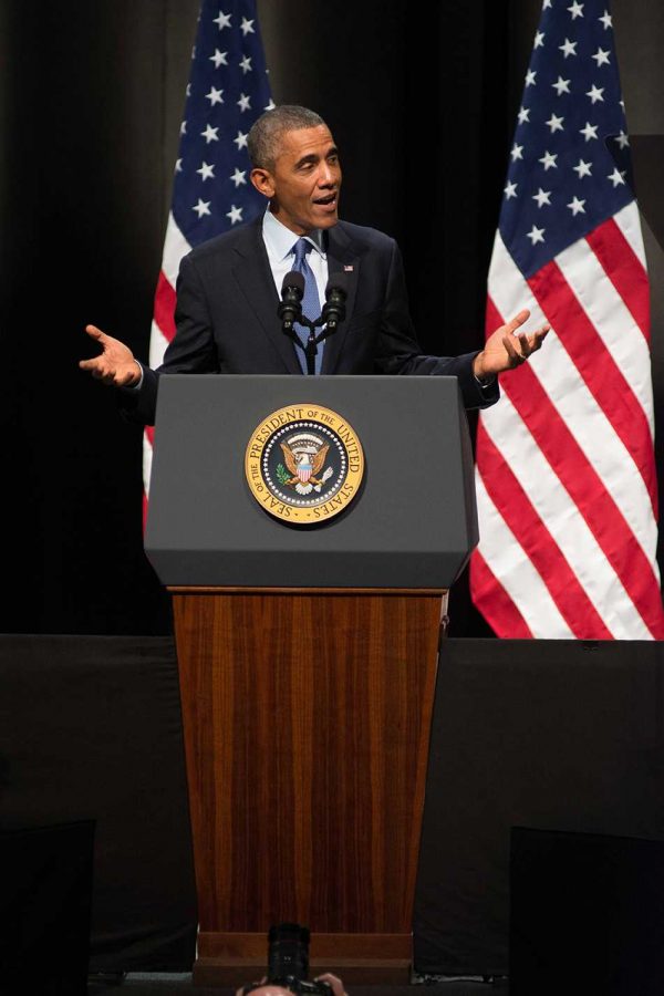 Former President Barack Obama speaks at Northwestern in 2014. On Monday, the former president will make his first public appearance since leaving office at the University of Chicago. 