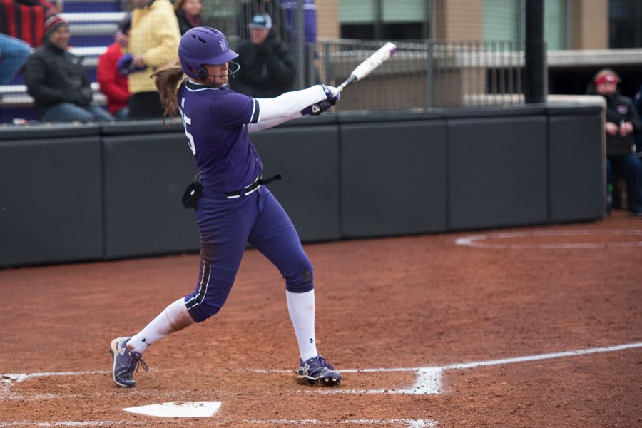 Anna Petersen swings at a pitch. Petersen hit eight RBIs in last weekend’s series against Maryland and was named the Big Ten Player of the Week.