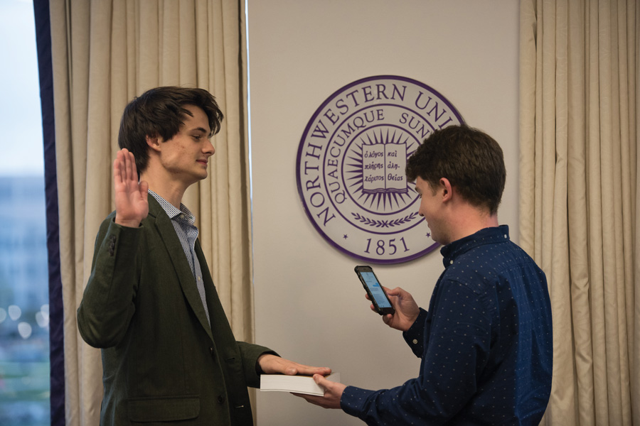 Lars Benson is sworn in as chief of staff at Wednesday’s Associated Student Government Senate. The Weinberg junior previously served as a residential senator. 