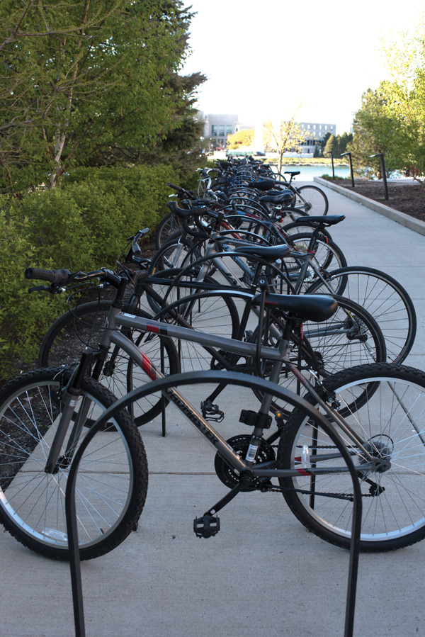 A bike rack outside Norris University Center on Northwestern’s campus. NUPD recently made their first arrest using bait bikes with GPS equipment placed across campus.