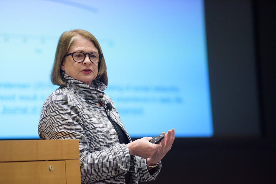 Stanford University psychology Prof. Laura Carstensen gives a lecture in the McCormick Foundation Center Forum. During the event, which was held to honor former Northwestern Prof. Bernice Neugarten, she shared her research on the some of the benefits of old age.