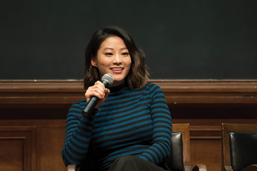 Arden Cho speaks to students at Harris Hall. The “Teen Wolf” star talked about the lack of Asian American representation in the media and said the industry needs more Asian American producers and writers to tell their stories. 