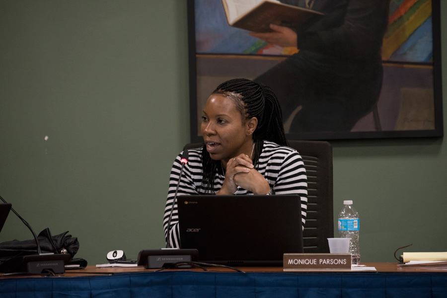 District 202 school board vice president Monique Parsons speaks at a meeting. Parsons said Monday night that ETHS’ Alternative School gives students the opportunity to make lasting connections with their teachers.